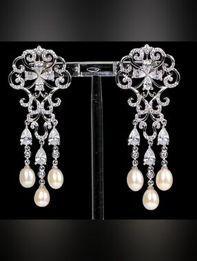Pearl & CZ 1.00 ctw Earrings in Rhodium over Sterling Silver
